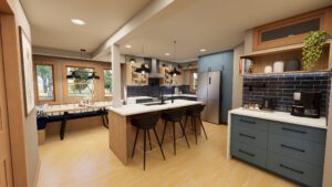 Modern kitchen with blue cabinets, black stools, built-in dining nook, and large windows letting in natural light.
