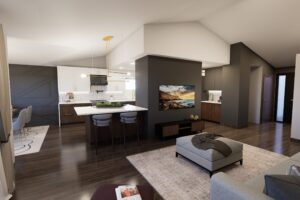 Open-concept living space with kitchen, dining area, and living room featuring modern decor and dark wood flooring.