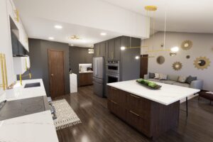 Modern kitchen with dark cabinets, white countertops, stainless appliances, and gold accents, leading to a living area.