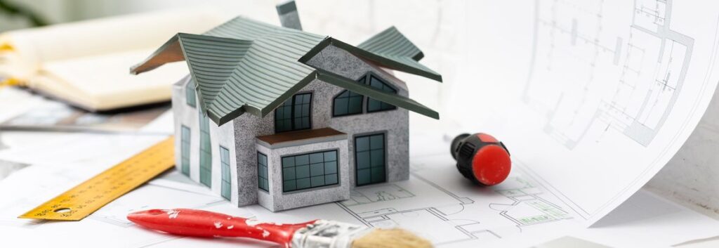 construction blueprints with tools, top view